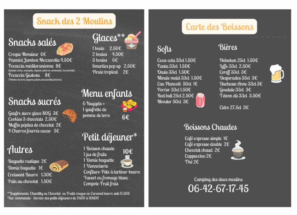 Camping Des Deux Moulins Camping Ille Et Vilaine Affiche SNACK ET BOISSONS 1